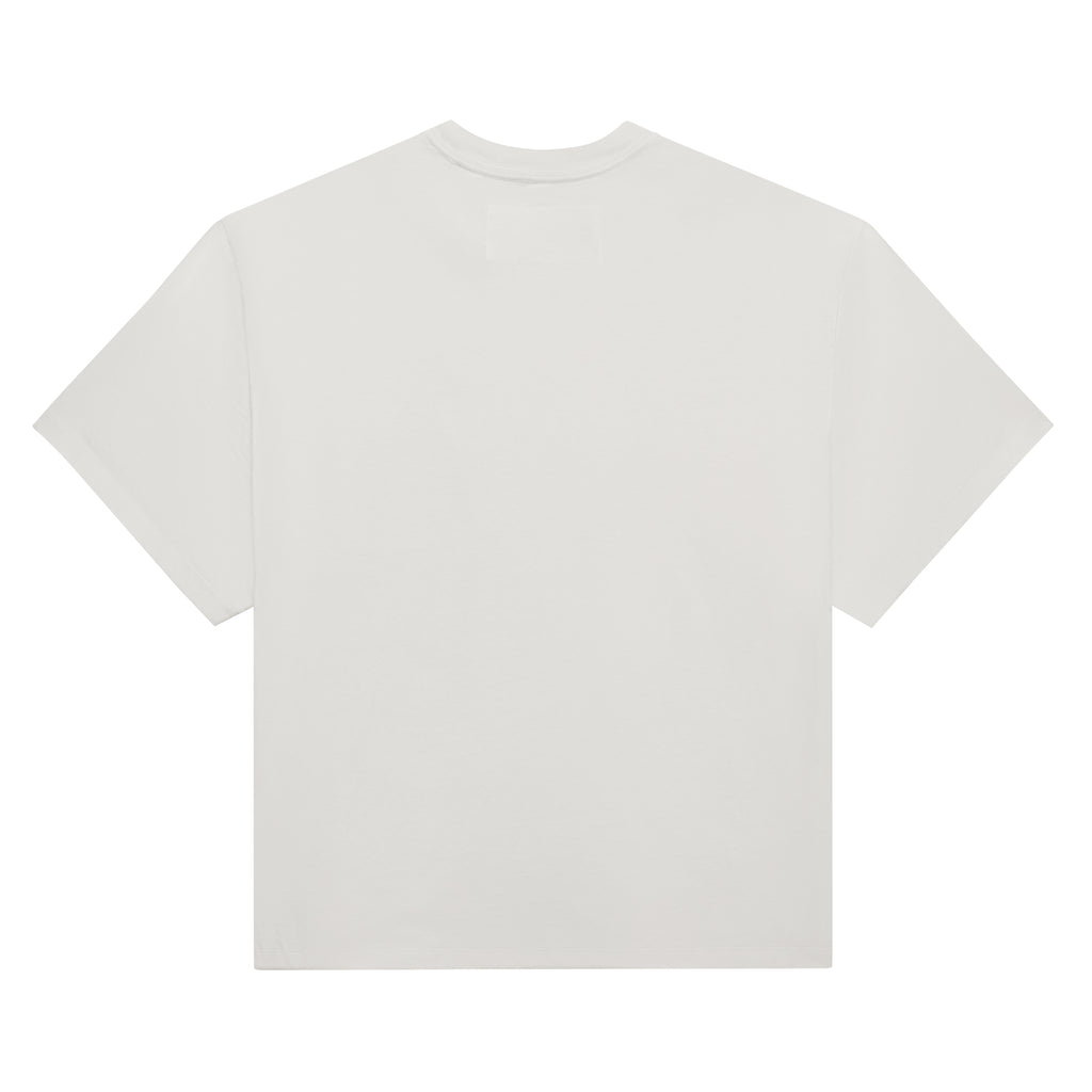 Back view of a plain white 100% cotton SP5 5LUMINUM TEE with a standard fit.