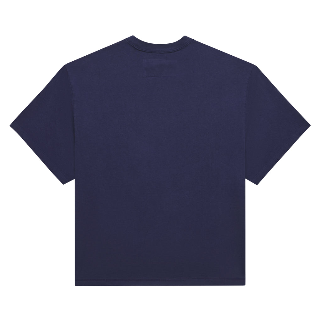 Back of a navy blue 100% cotton SP5 5LUMINUM TEE with a standard fit.