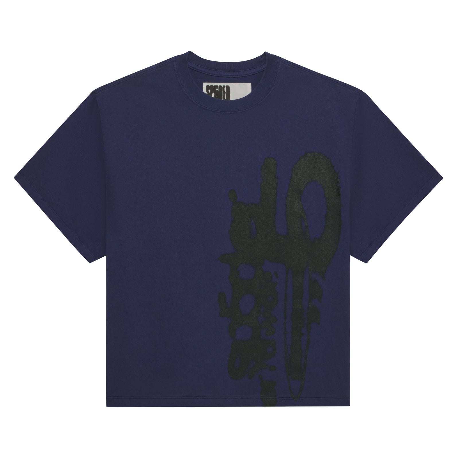 Navy blue 100% cotton tee with a large, abstract black graphic print on the front.