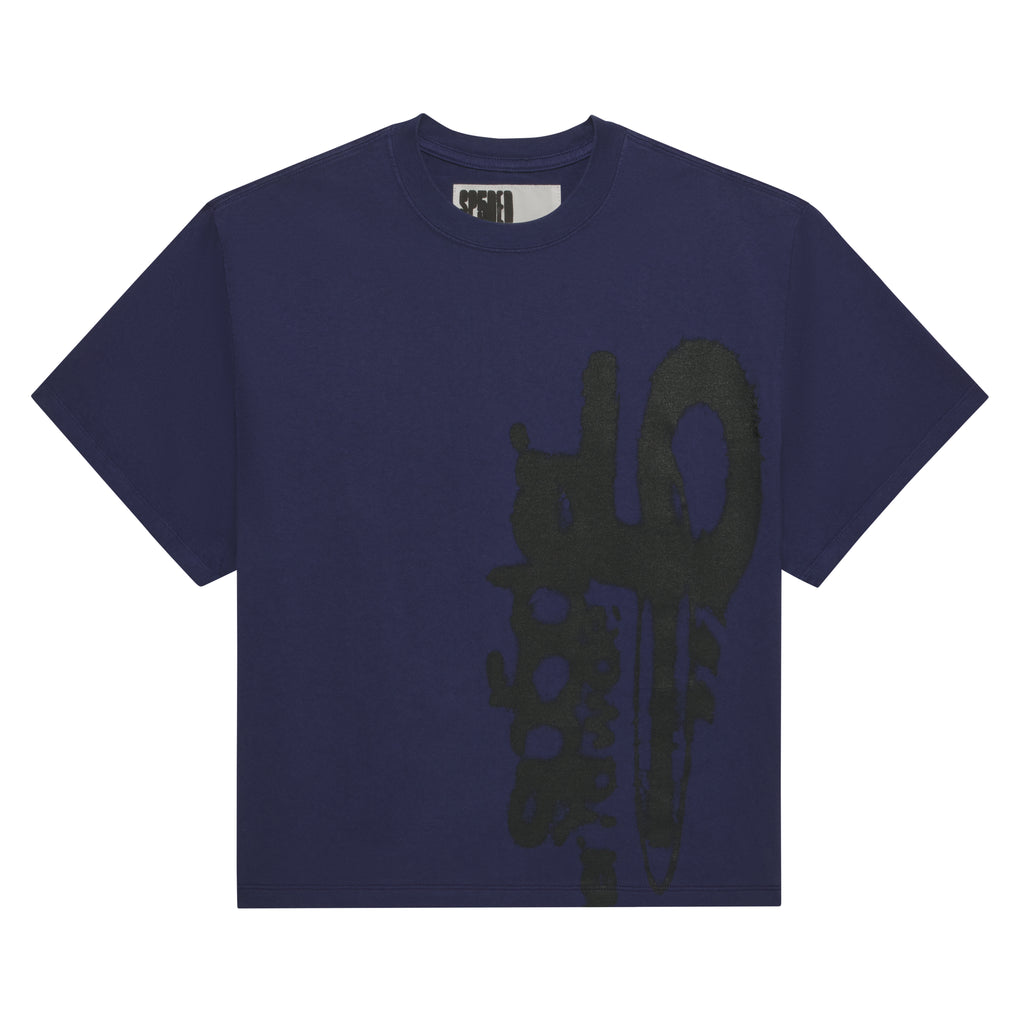 Navy blue 100% cotton tee with a large, abstract black graphic print on the front.