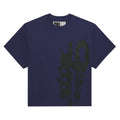 Navy blue 100% cotton tee with a large, abstract black graphic print on the front.