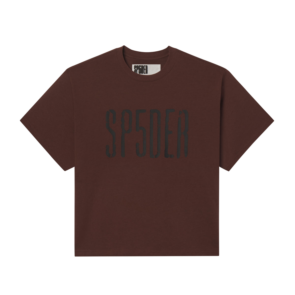 Brown 100% cotton standard fit tee featuring a black SP5DER graphic print on the front.