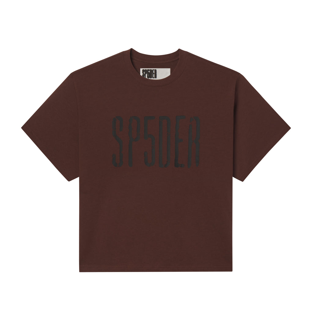 Brown 100% cotton standard fit tee featuring a black SP5DER graphic print on the front.