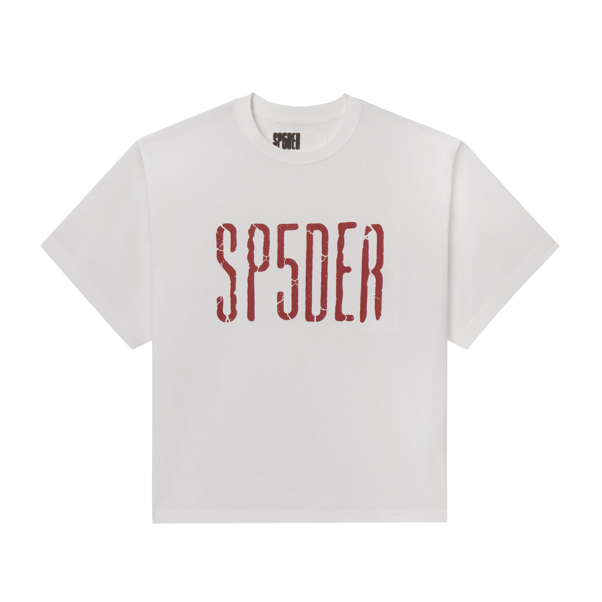 White 100% cotton standard fit tee featuring a red SP5DER graphic print with a distressed cracked design on the front.