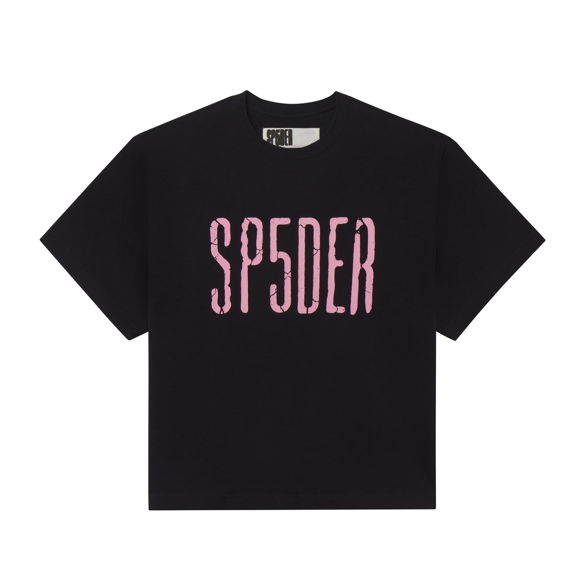 Black 100% cotton standard fit tee featuring a pink cracked graphic print of SP5DER on the front.