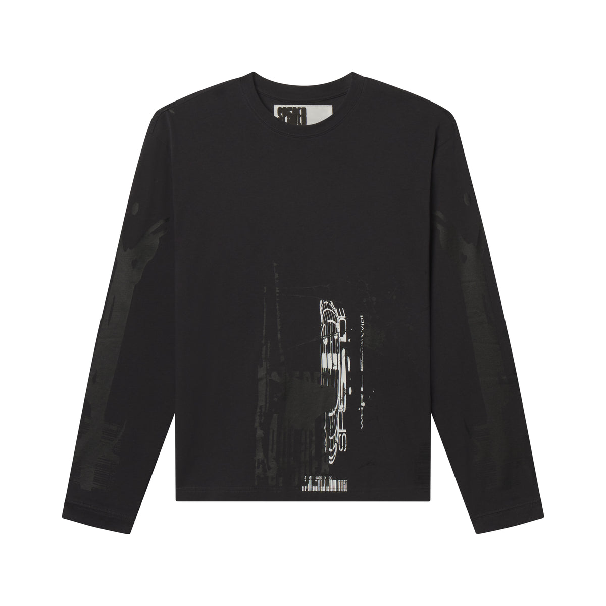 Black 100% cotton long sleeve tee featuring a white graphic print on the front and subtle tonal designs on the sleeves.