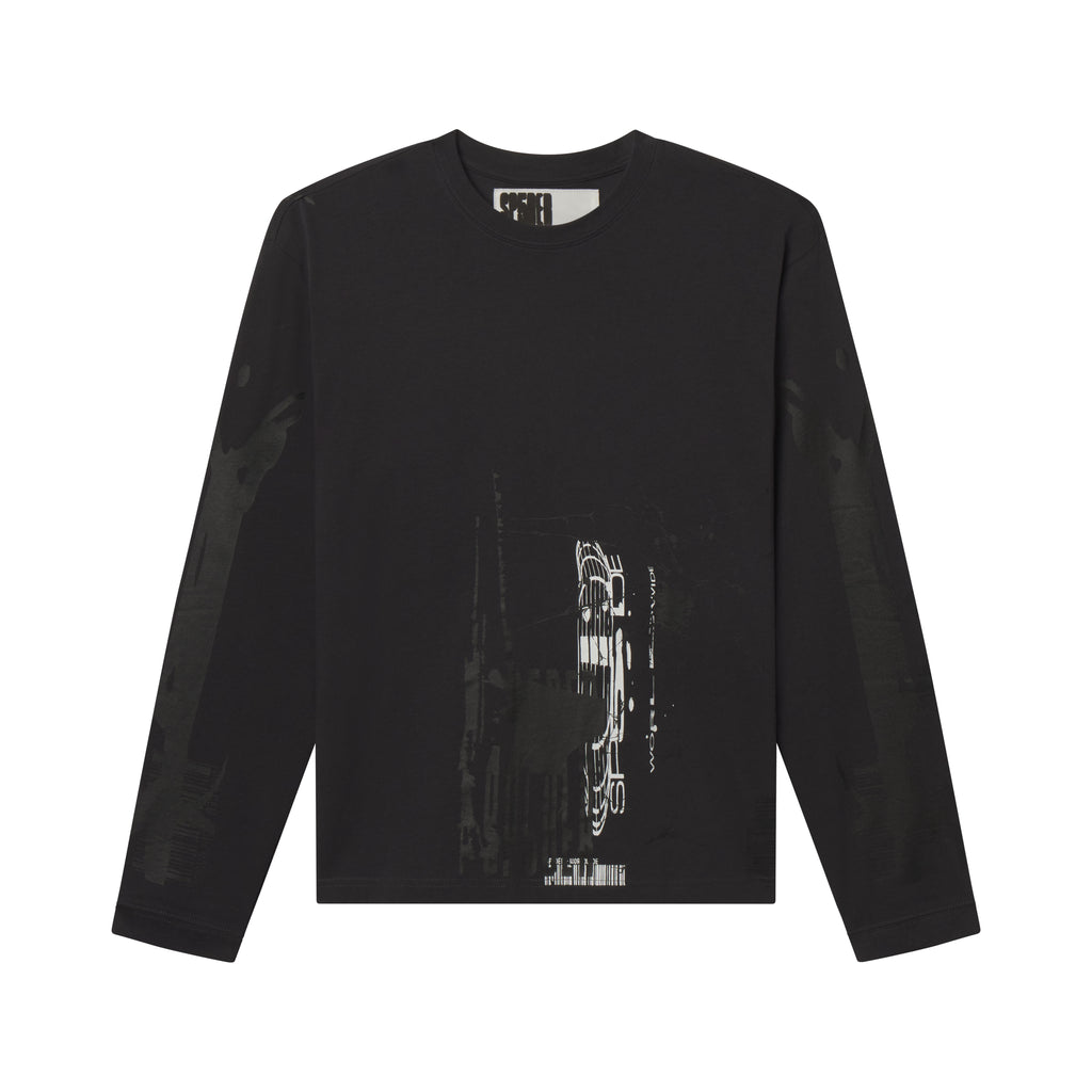 Black 100% cotton long sleeve tee featuring a white graphic print on the front and subtle tonal designs on the sleeves.