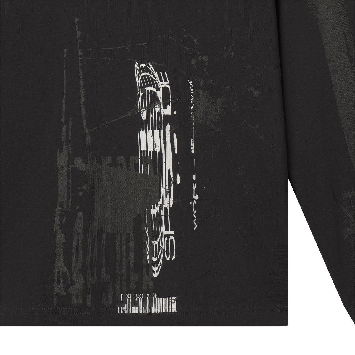 Black 100% cotton long sleeve tee featuring a white fragmented graphic print on the front and sleeves.