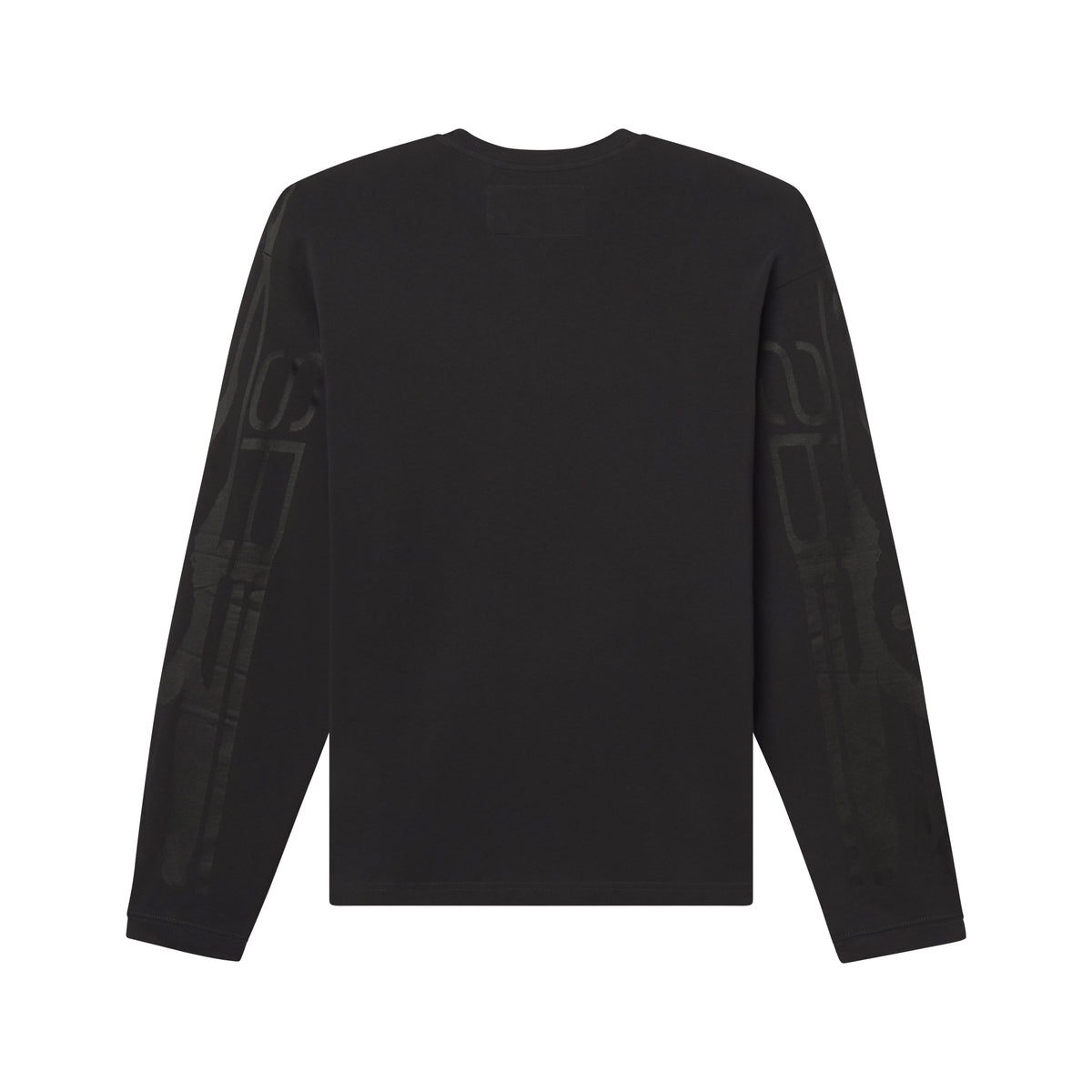 Black 100% cotton long sleeve tee with tonal graphic design prints on both sleeves and a standard fit.