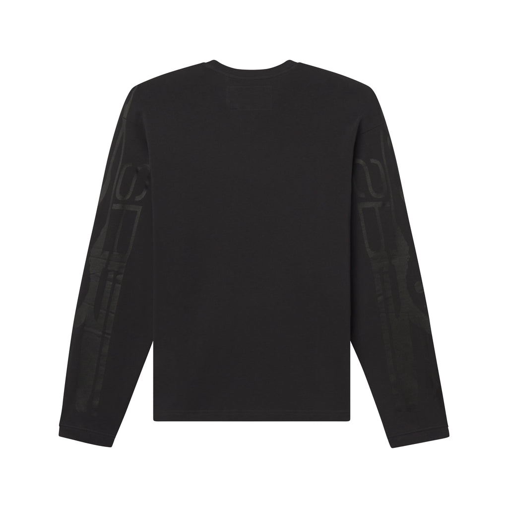 Black 100% cotton long sleeve tee with tonal graphic design prints on both sleeves and a standard fit.
