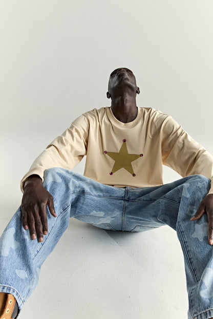 CREAM PORNSTAR LONGSLEEVE TEE ON MODEL