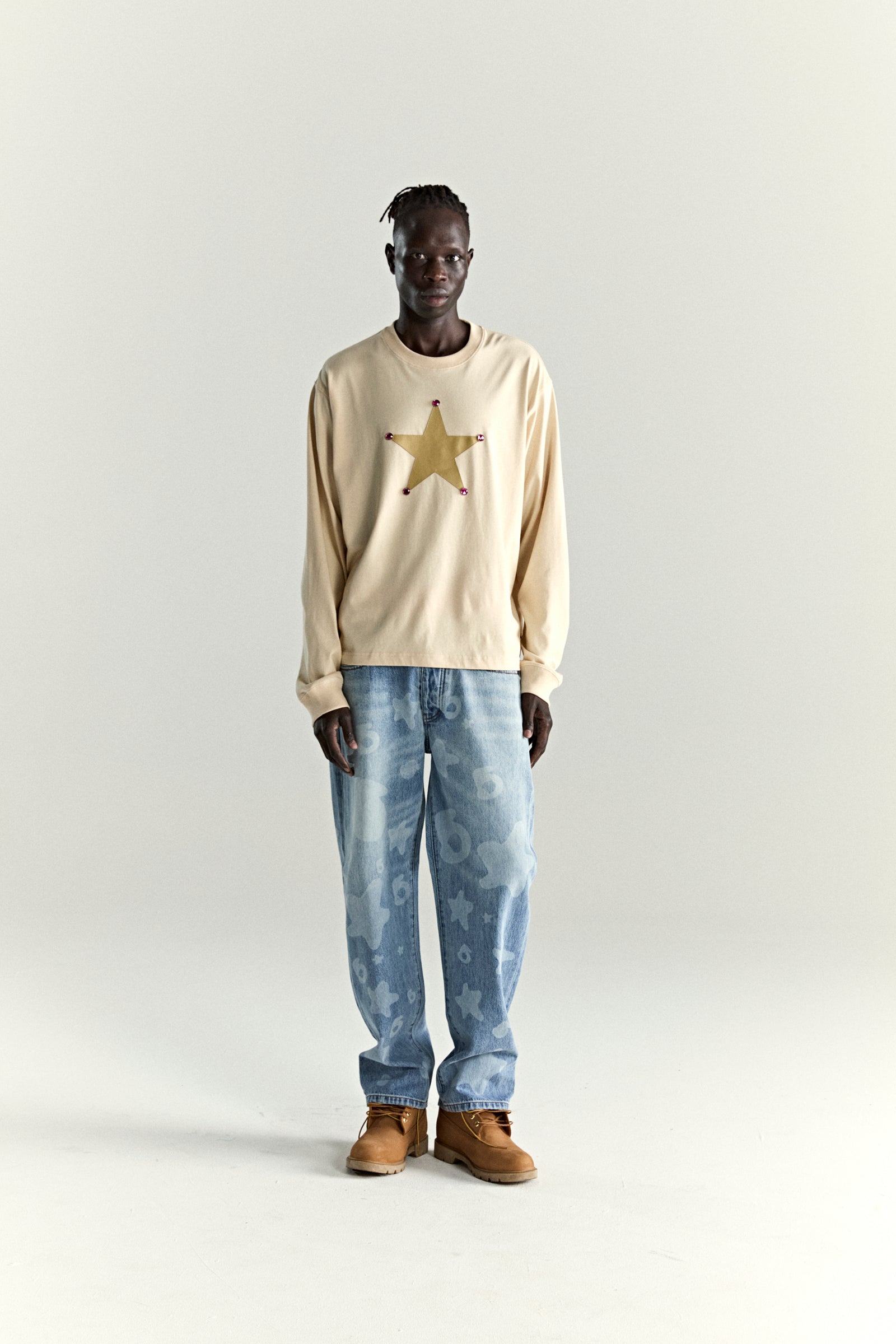 CREAM PORNSTAR LONGSLEEVE TEE ON MODEL