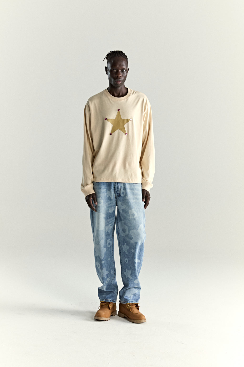 CREAM PORNSTAR LONGSLEEVE TEE ON MODEL