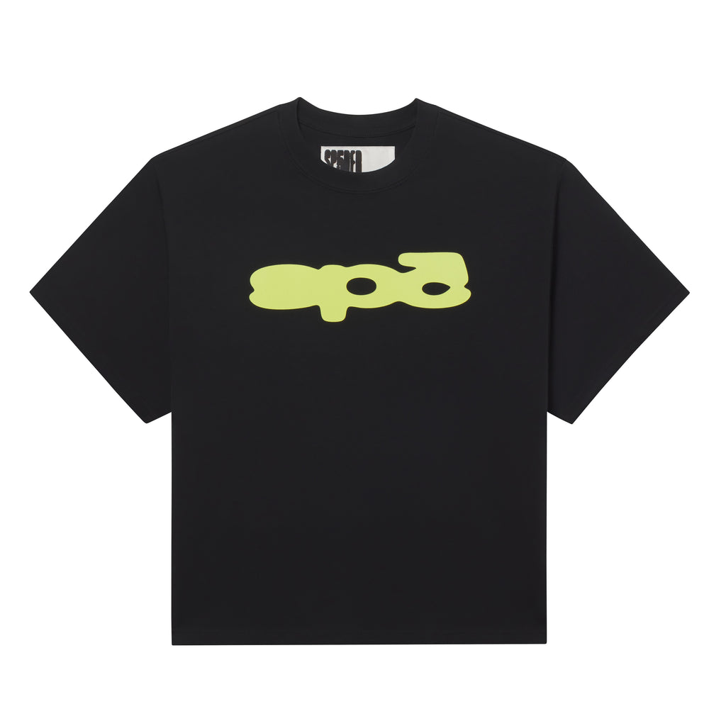 Black 100% cotton standard fit tee featuring a lime green bubble-style graphic print on the front.