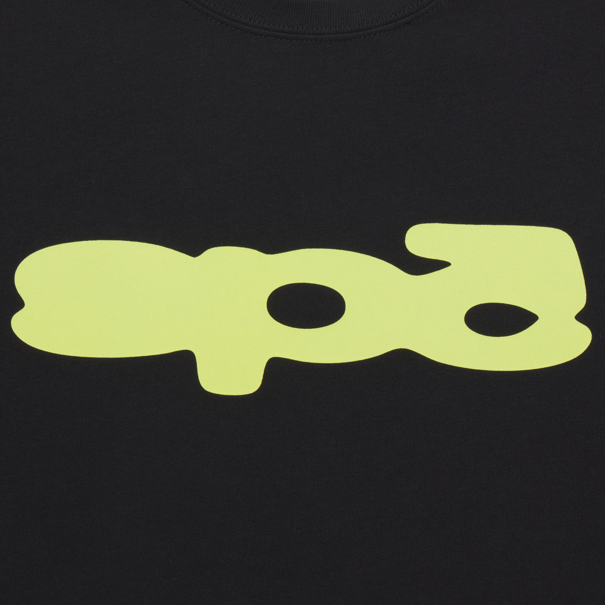 Black 100% cotton t-shirt featuring a lime green bubble-style graphic print on the front.