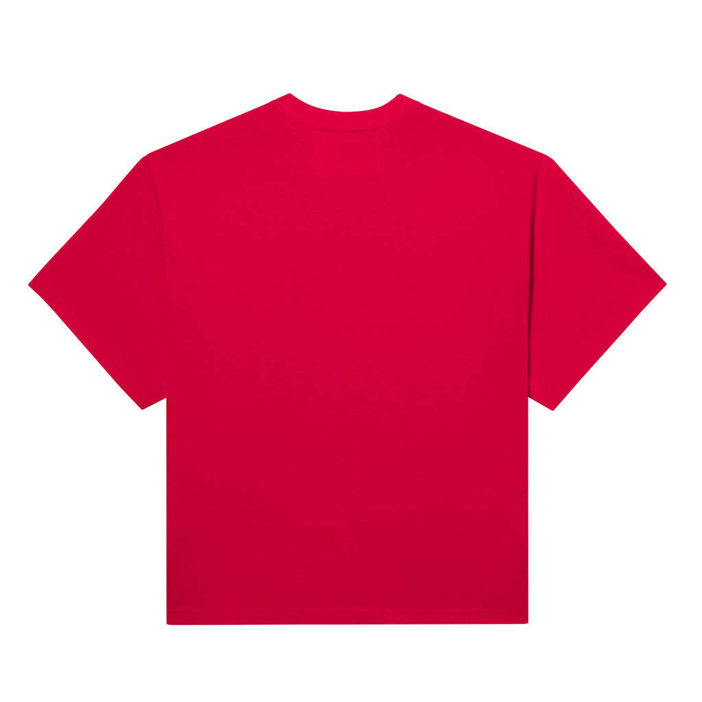 Bright red SP5 bubble tee in 100% cotton with a standard fit, shown from the back.
