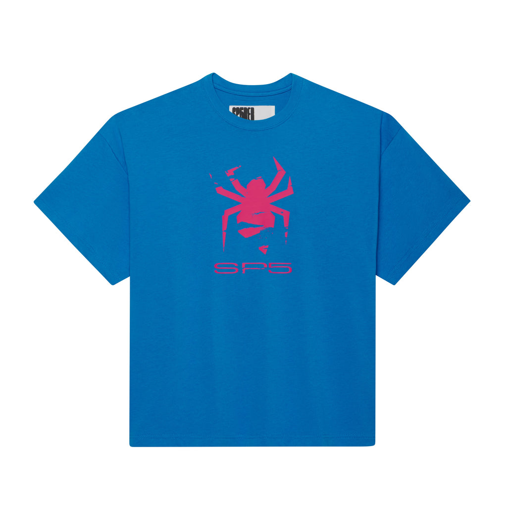 Blue 100% cotton standard fit tee featuring a distressed pink spider graphic print and SP5 text on the front.