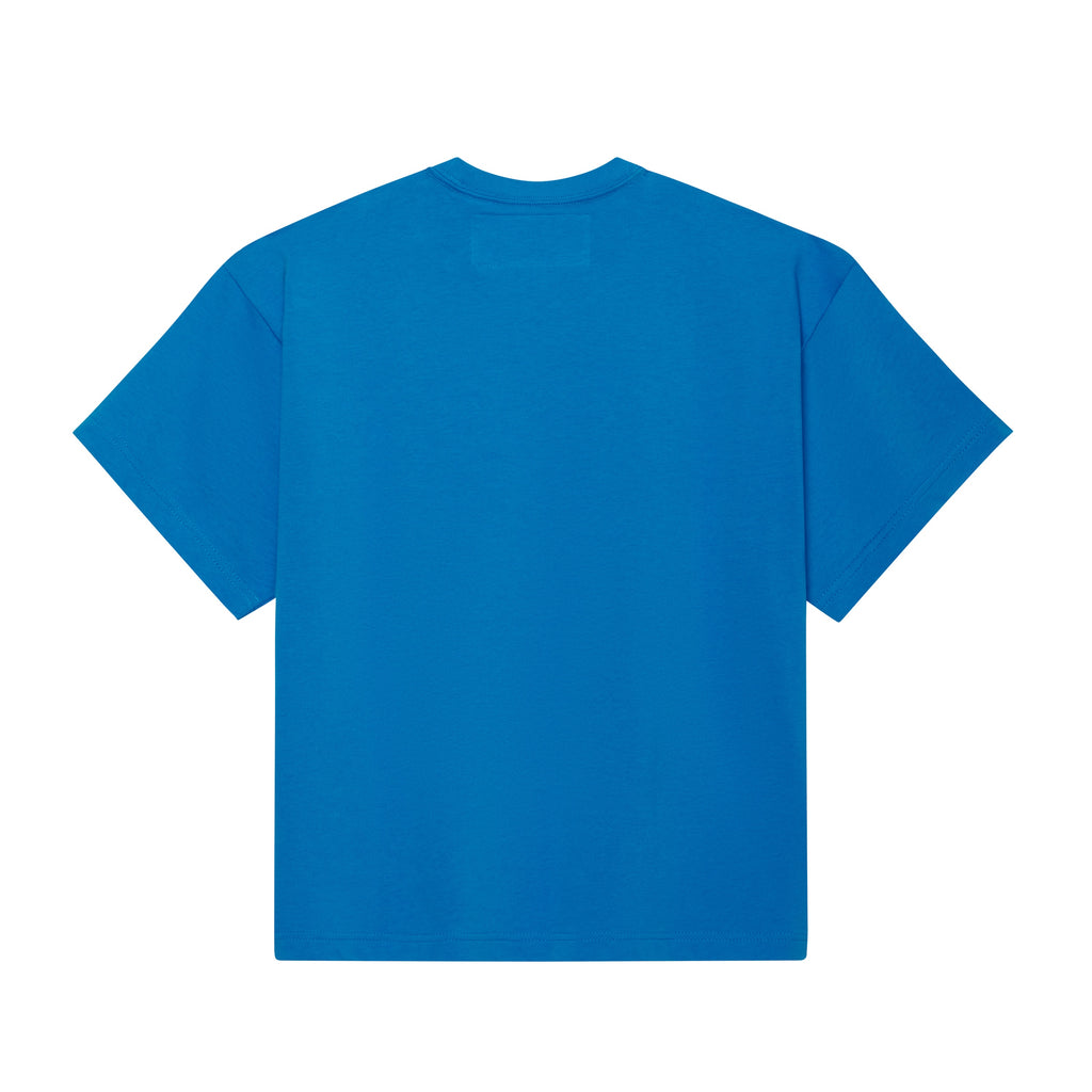 Back view of a standard fit, bright blue 100% cotton tee with a clean, solid design.
