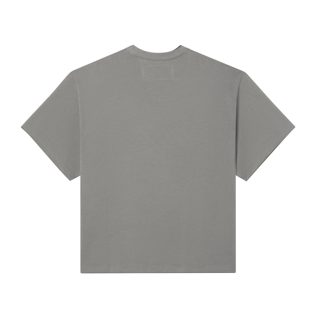 Back view of a standard fit, grey 100% cotton t-shirt with a plain back and a subtle neck label detail.