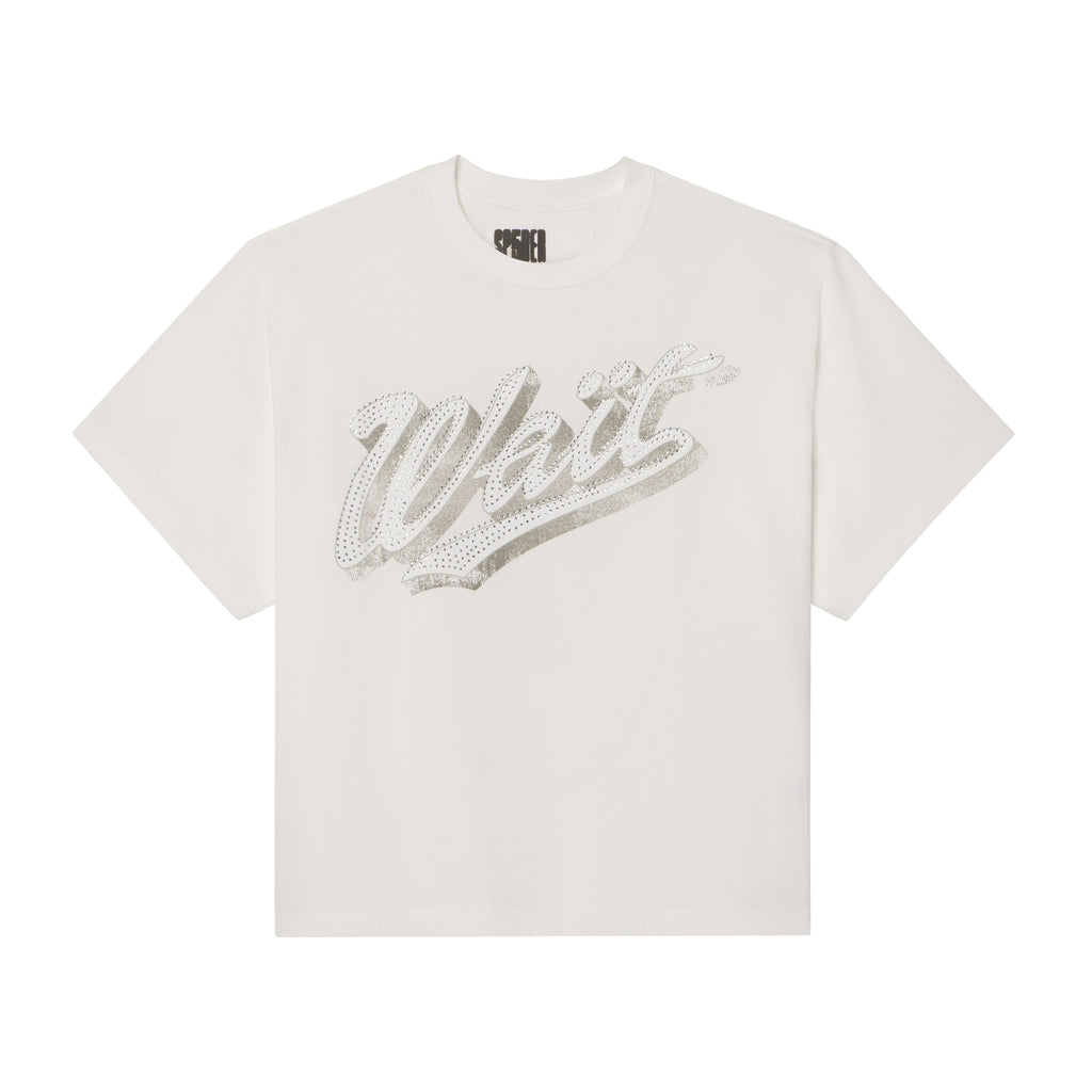 White 100% cotton standard fit tee featuring a silver graphic print and rhinestone detail on the front.