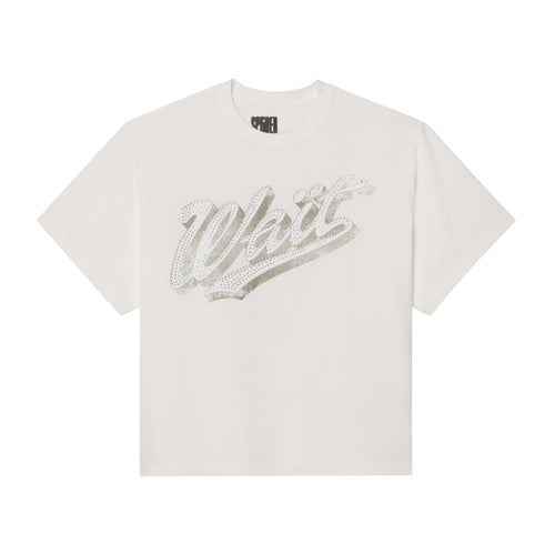 White 100% cotton standard fit tee featuring a silver graphic print and rhinestone detail on the front.