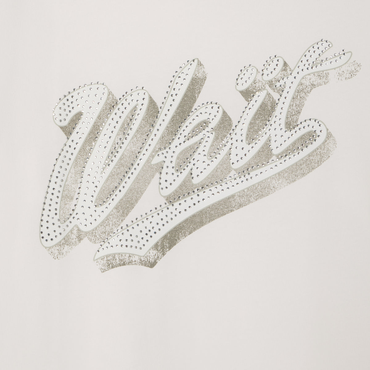 White 100% cotton tee featuring a WAIIT graphic design embellished with sparkling rhinestone details.
