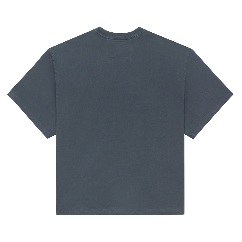 Back view of a dark grey, standard fit 100% cotton tee with no visible graphic.