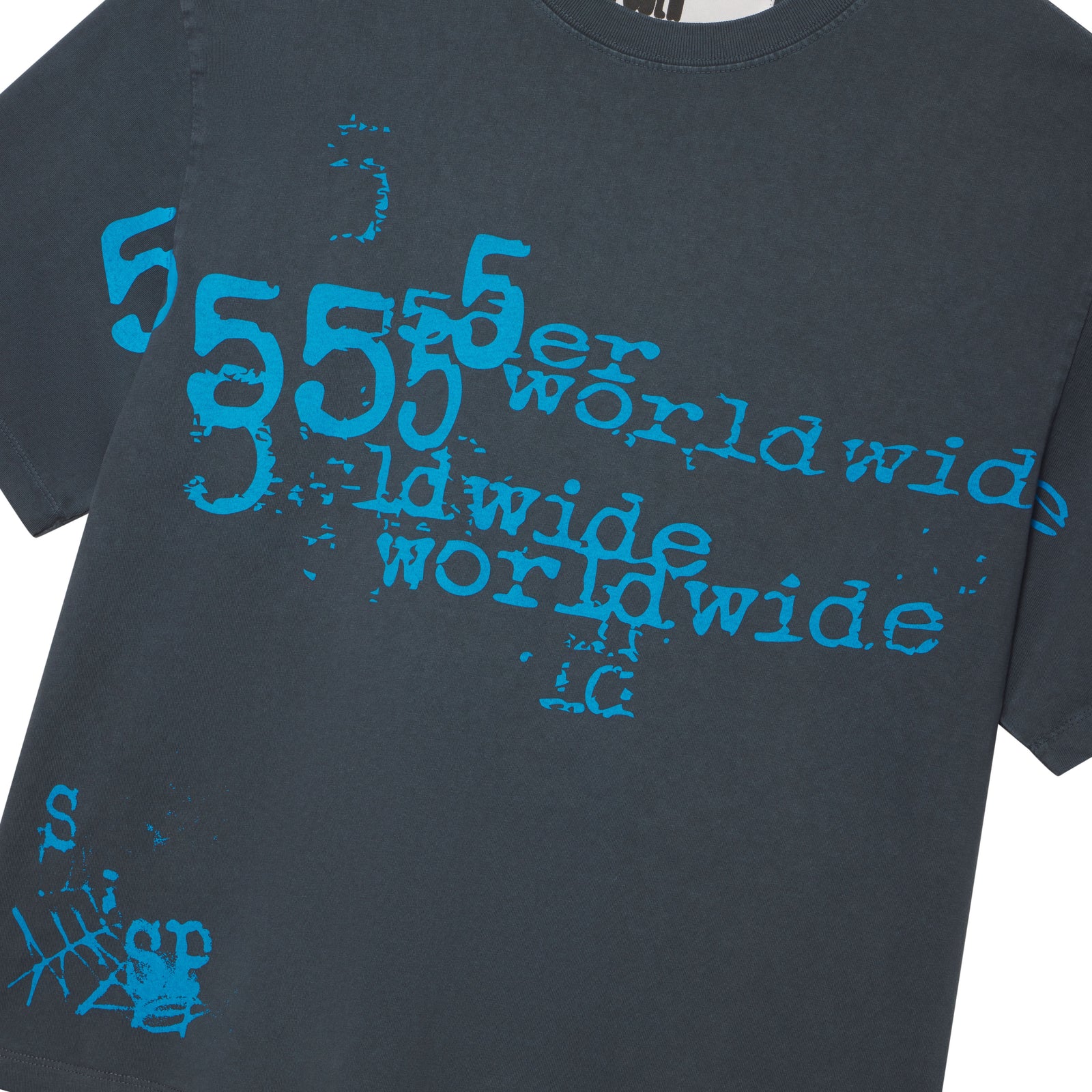 Dark gray cotton tee with distressed blue "555 worldwide" graphic print.