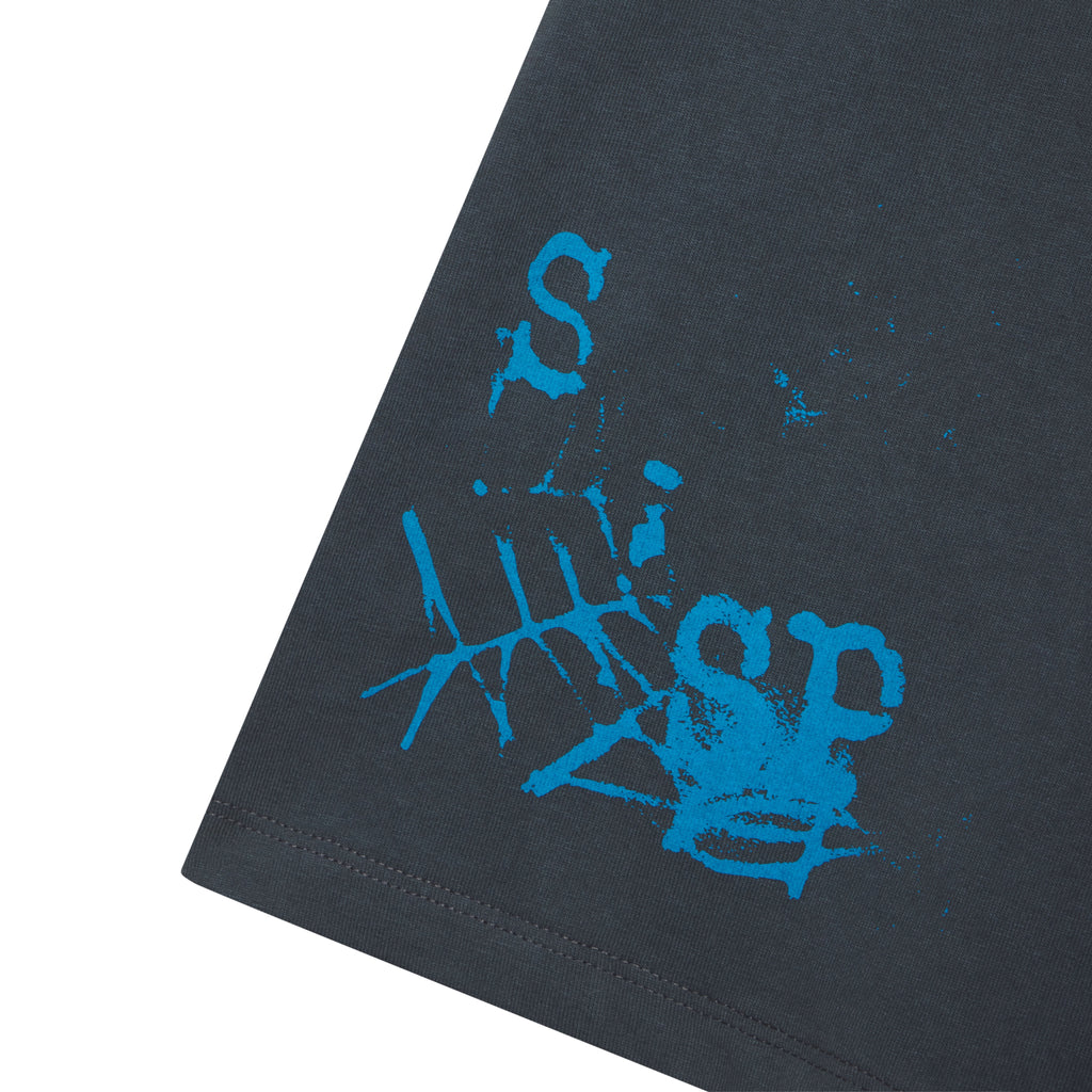 Dark gray cotton tee with a vibrant blue abstract graphic print on the front.