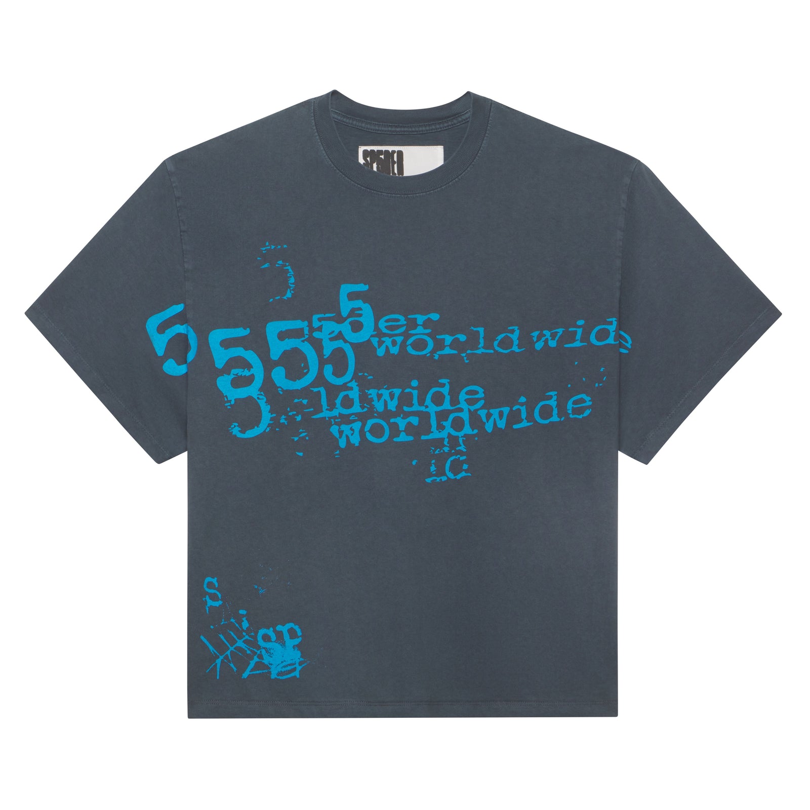 Dark gray cotton tee with "5555" and "worldwide" in distressed blue graphic print.
