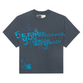 Dark gray cotton tee with "5555" and "worldwide" in distressed blue graphic print.