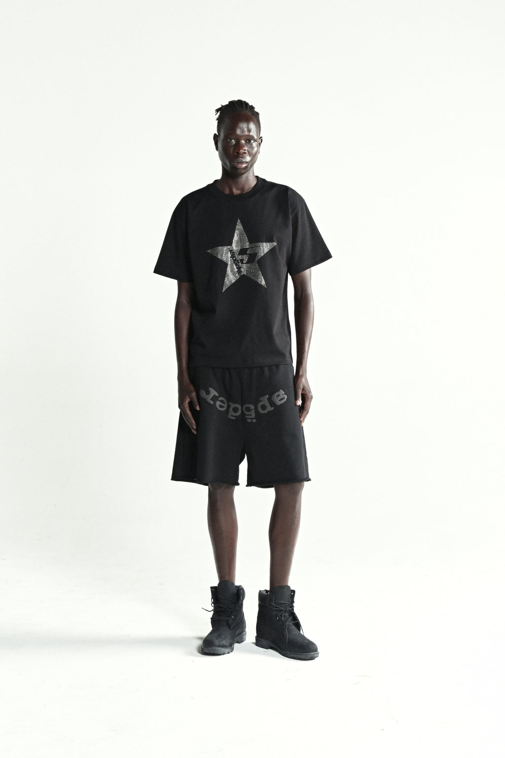 Black cotton tee with rhinestone embellished 5-star design, worn by a male model.