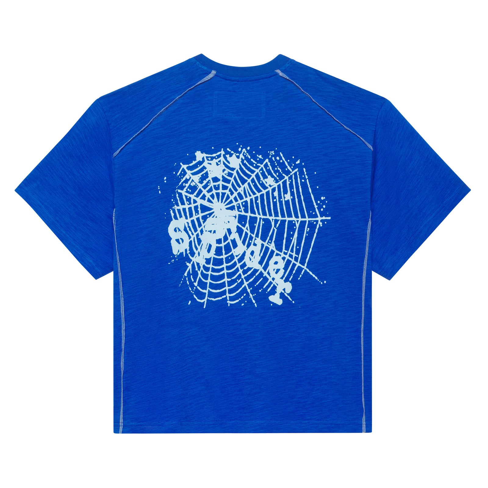 Blue slub jersey tee with white spiderweb graphic print on back and contrast stitching.