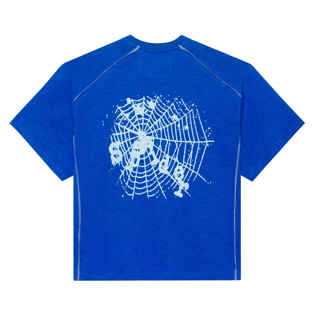 Blue slub jersey tee with white spiderweb graphic print on back and contrast stitching.