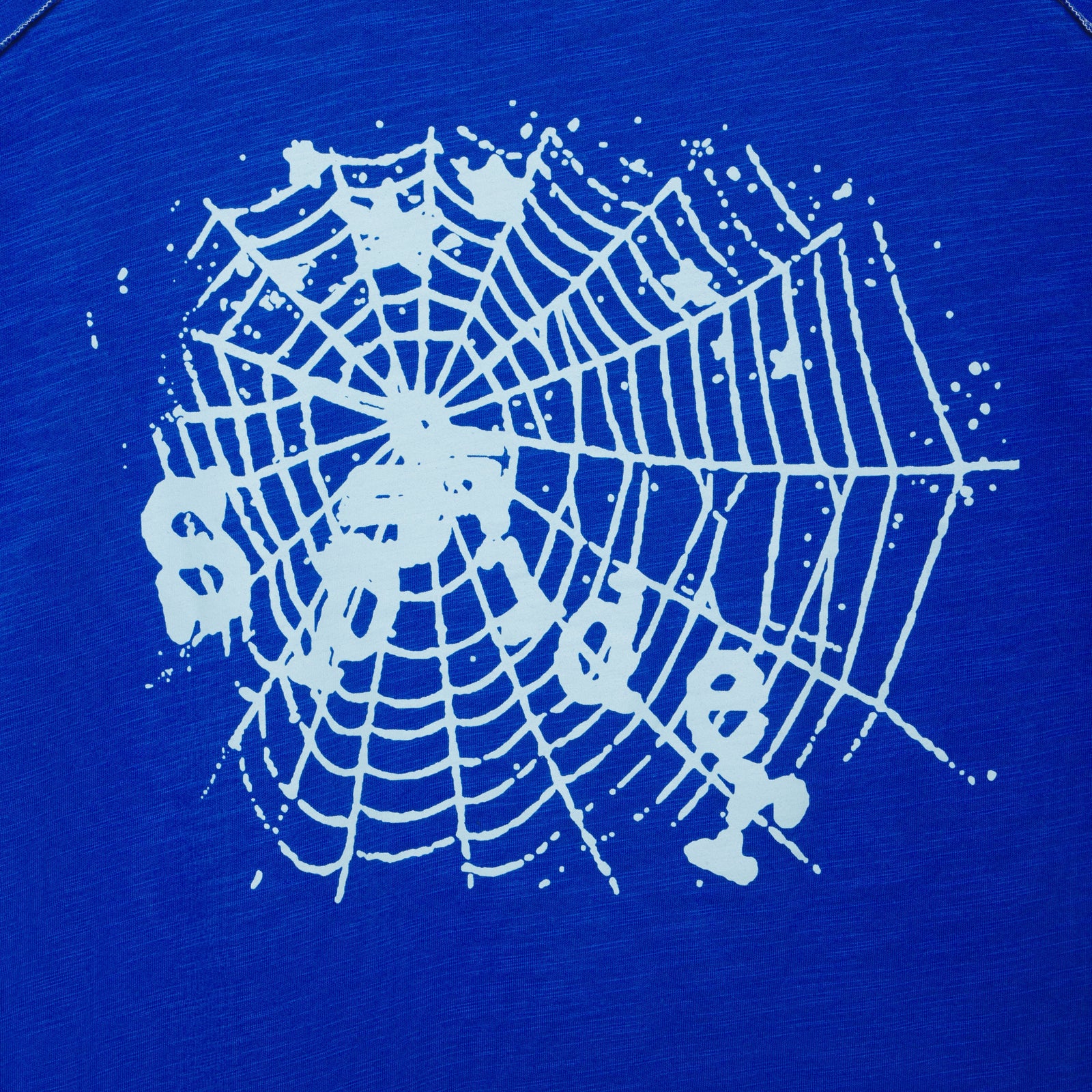 Blue slub tee with white spiderweb graphic print and "Spider" text.