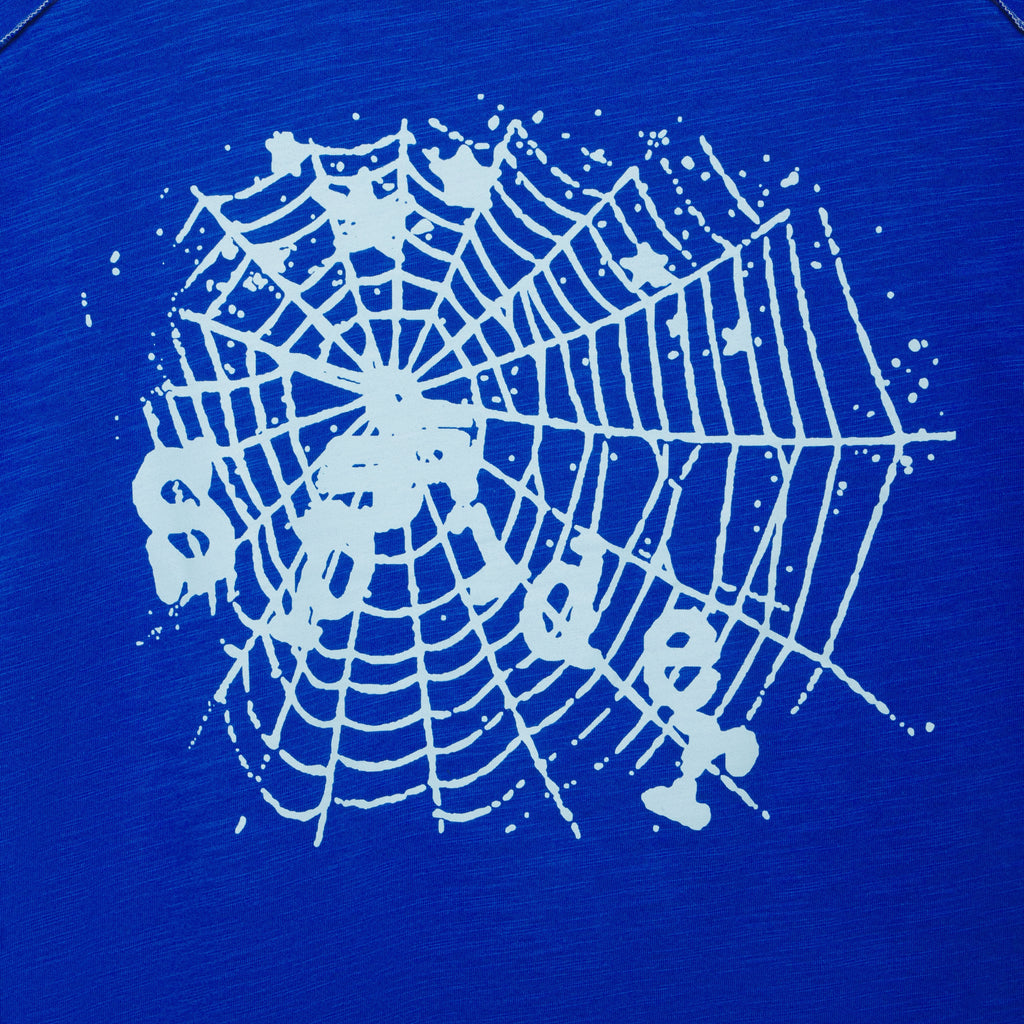 Blue slub tee with white spiderweb graphic print and "Spider" text.