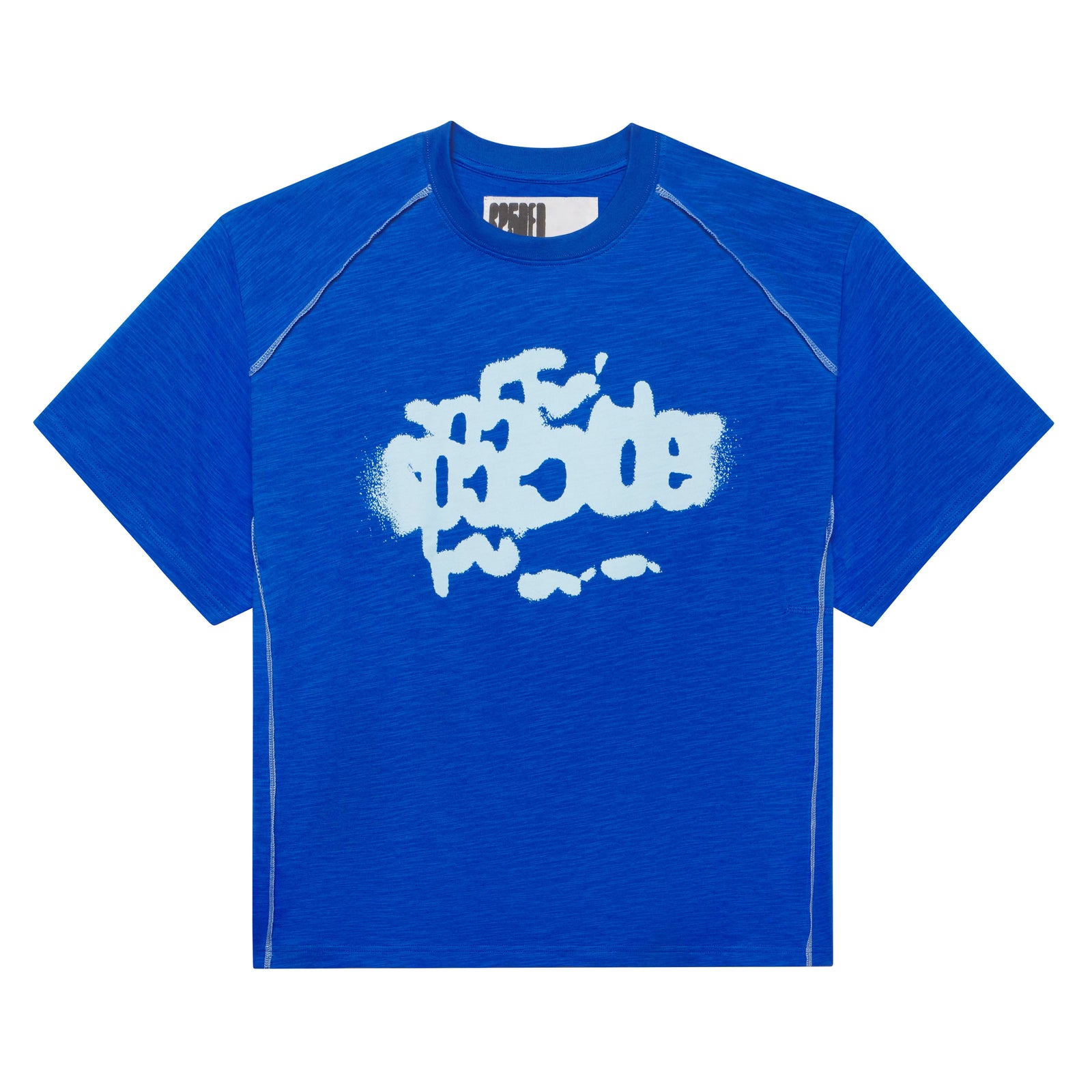 Blue slub jersey tee with light blue graphic print and contrast stitching.