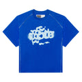 Blue slub jersey tee with light blue graphic print and contrast stitching.