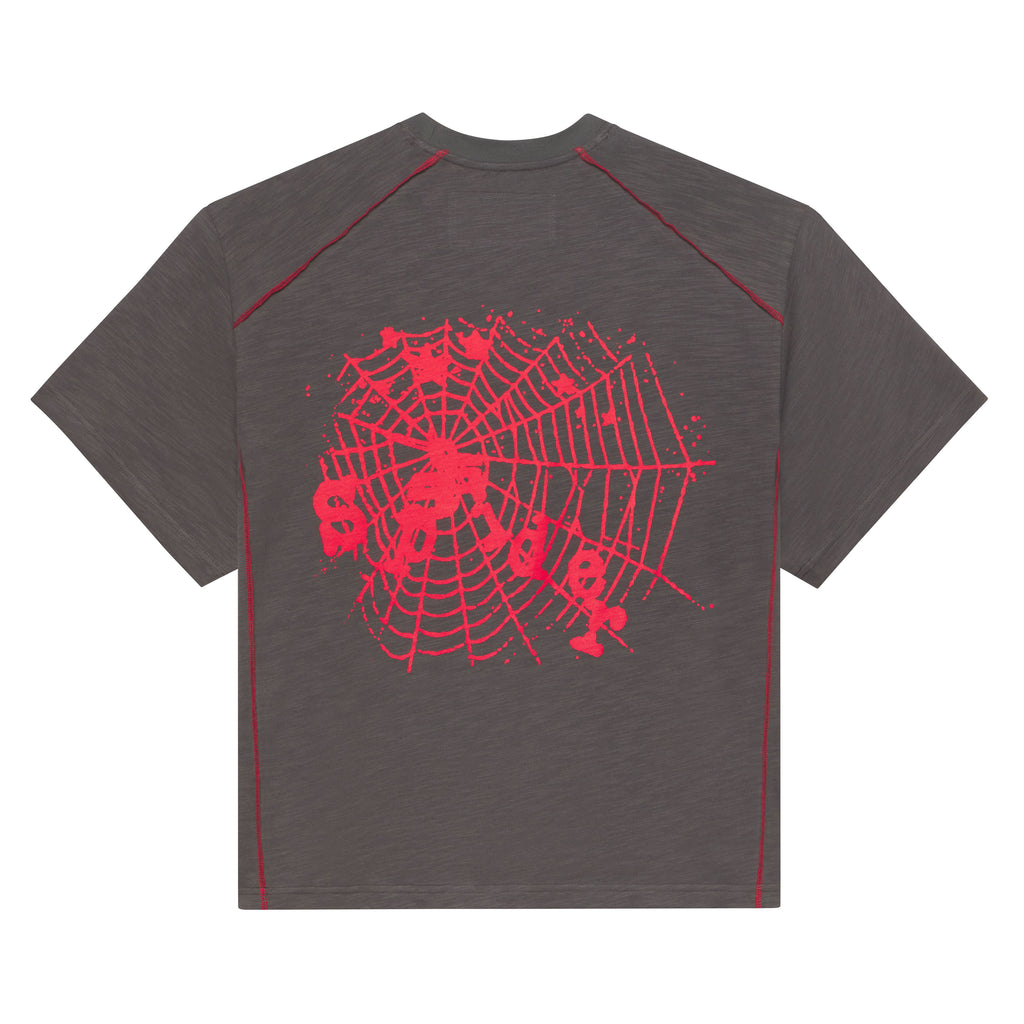 Dark gray slub tee with red contrast stitching and a large red spiderweb graphic on the back.