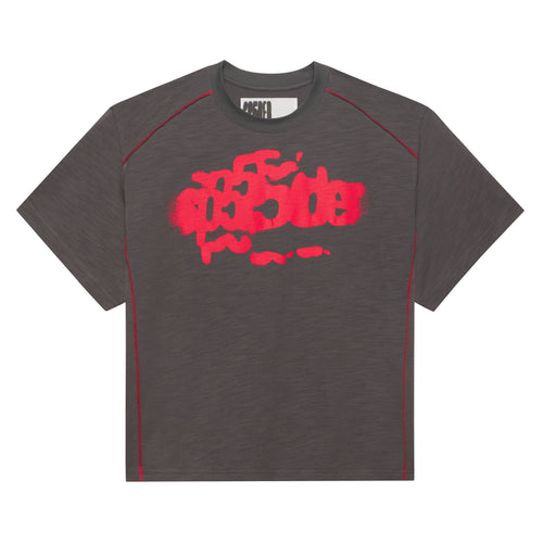 Gray slub jersey tee with red graphic print and contrast red stitching.