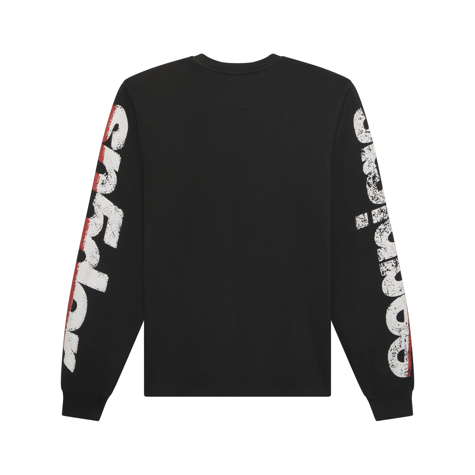 Black 100% cotton long sleeve tee with distressed white and red graphic print on both sleeves.
