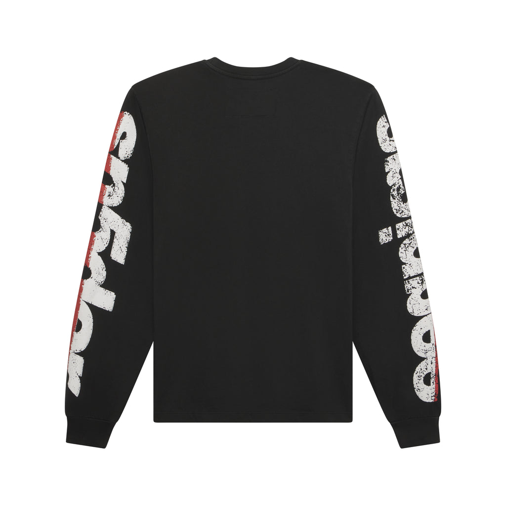 Black 100% cotton long sleeve tee with distressed white and red graphic print on both sleeves.