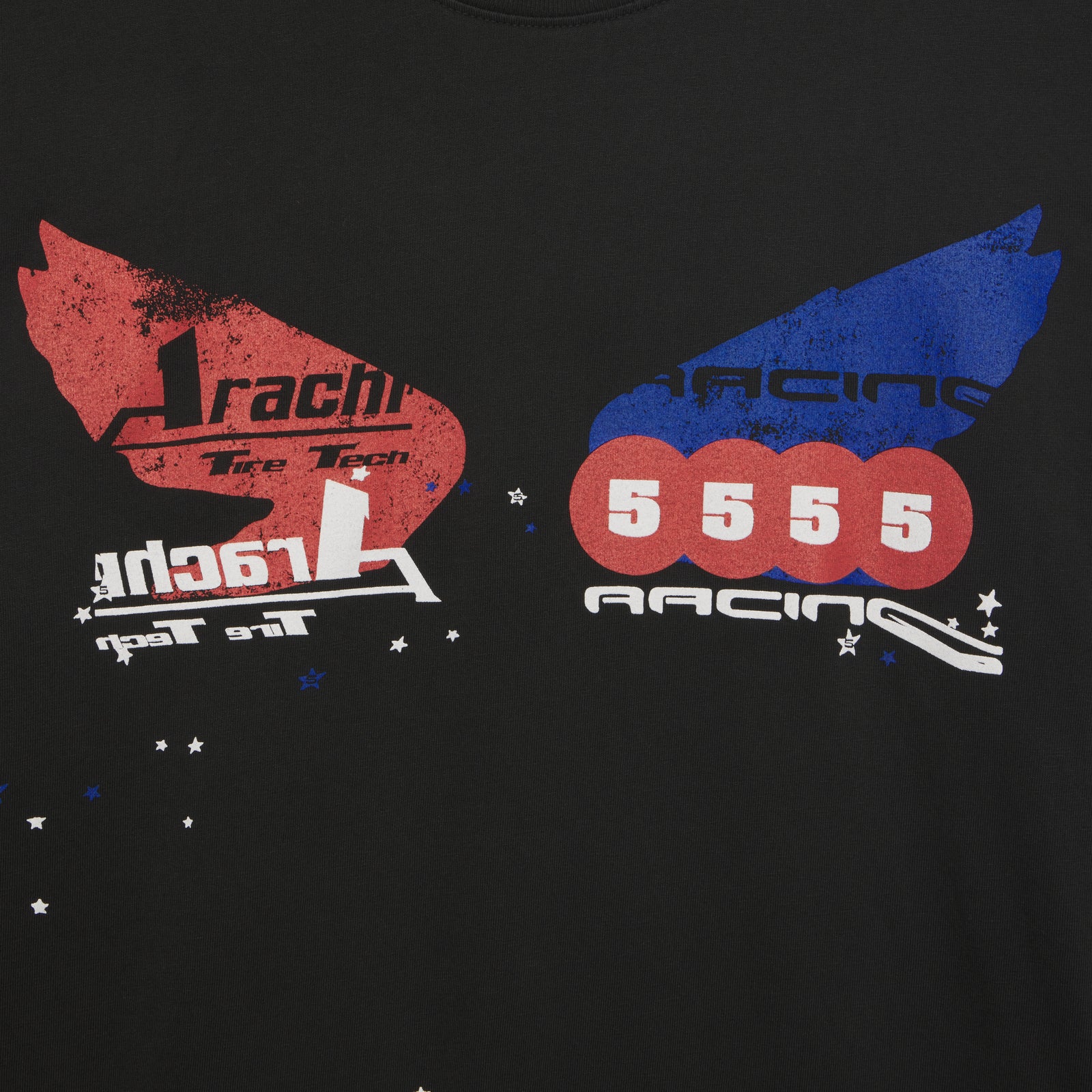 Black 100% cotton long sleeve tee with red and blue graphic print, "Arachni Tire Tech" and "5555 Racing" designs.