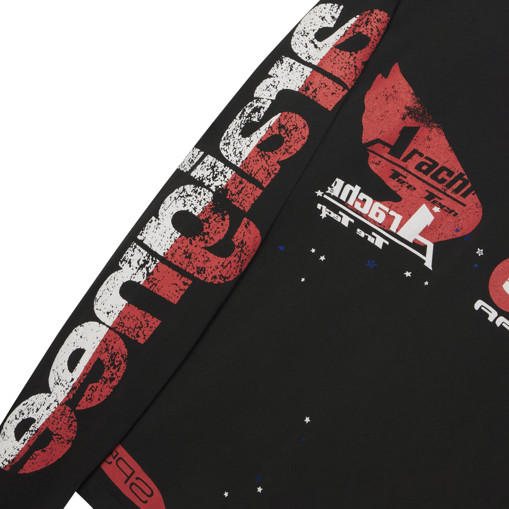 Black cotton long sleeve tee with distressed red and white graphic print on sleeve and front.