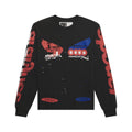 Black 100% cotton long sleeve tee with red and blue graphic print on front and sleeves.