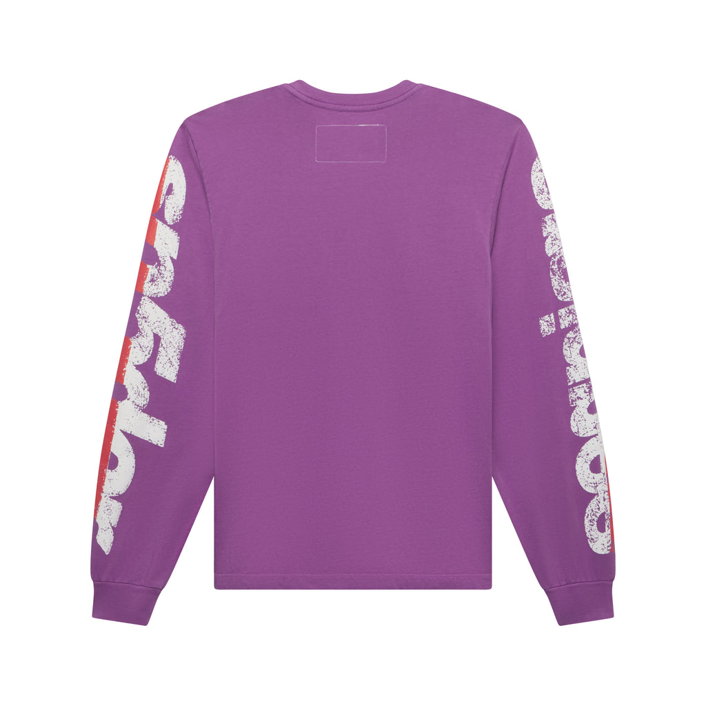 Purple 100% cotton long sleeve tee with distressed white and red graphic print on sleeves.