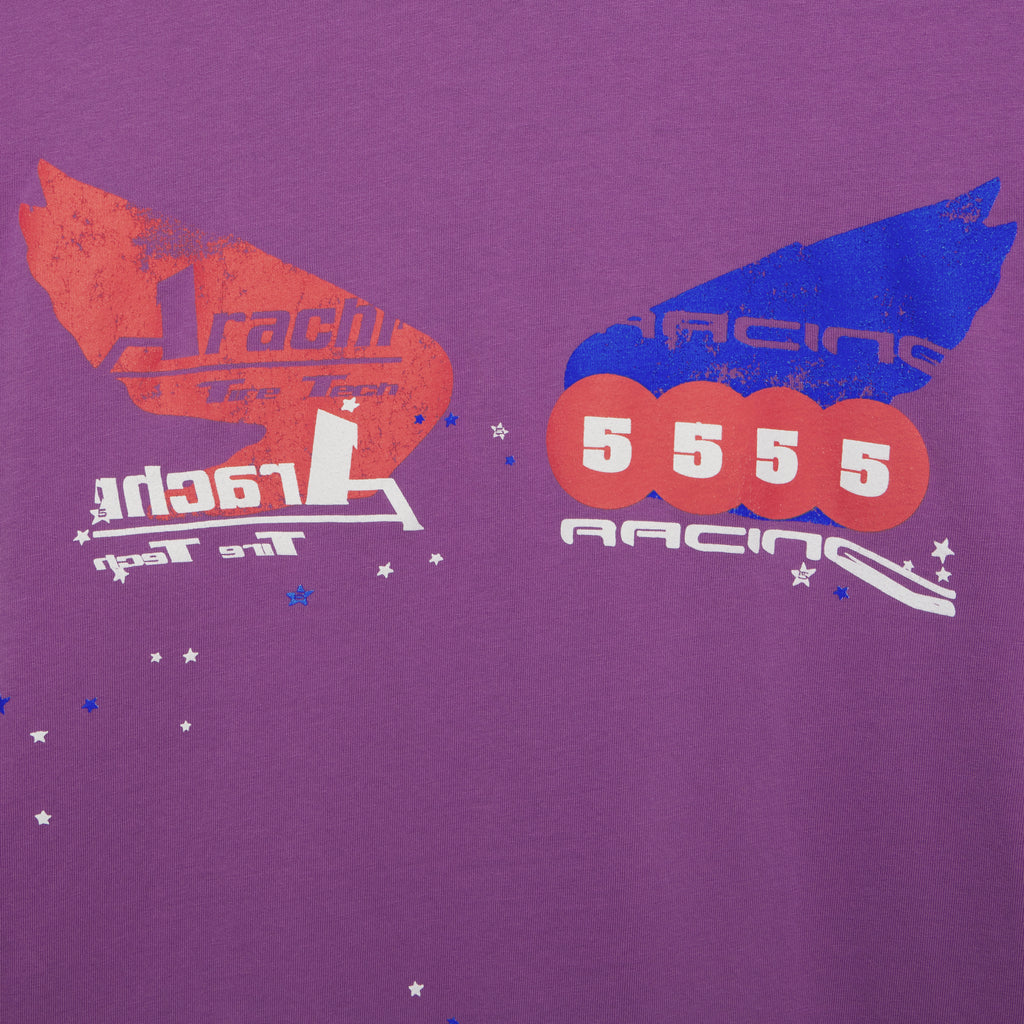 Purple 100% cotton long sleeve tee with red and blue racing graphic print on front.