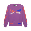 Purple cotton long sleeve tee with red, blue, and white racing graphic print on front and sleeves.