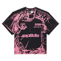 Black 100% cotton JERSEY OVERPRINT TEE with pink trompe l'œil graphic print.