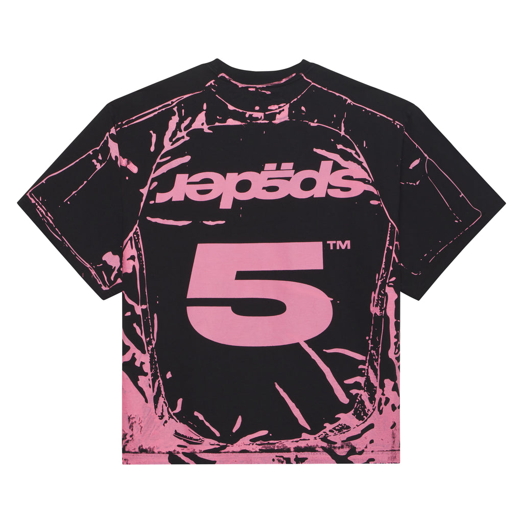 Black 100% cotton JERSEY OVERPRINT TEE with pink graphic print and "5" design.